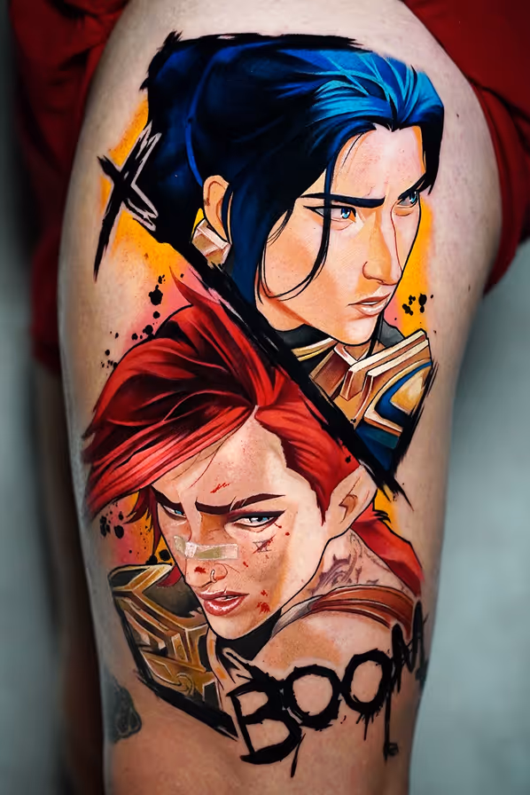Colorful tattoo of two animated characters Caitlynand and Vi with blue and red hair, wearing armor, and the word 'Boom' in black graffiti style.
