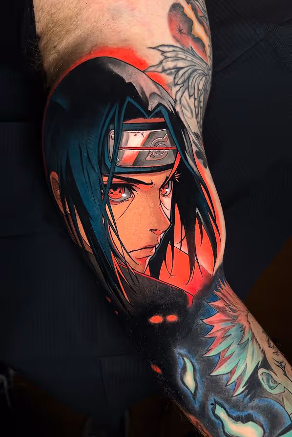 Tattoo of Itachi Uchiha from Naruto, featuring his focused face with red Sharingan eyes and dark hair, set against a red glowing background.