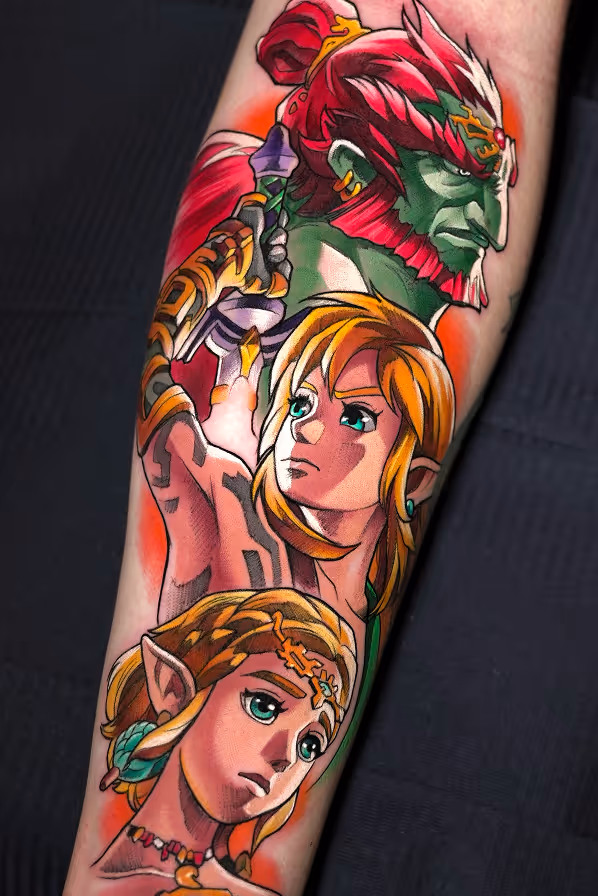 Colorful forearm tattoo depicting characters from The Legend of Zelda game, including Link, Zelda, and Ganondorf in vibrant detail.