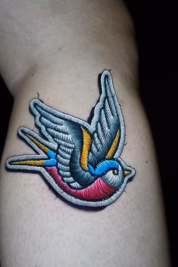 Colorful embroidered patch of a bird with gray wings, blue neck, yellow accents, and a red belly on skin.