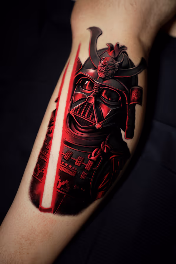 Tattoo of a samurai helmet merging with Darth Vader's mask, holding a red glowing lightsaber on a forearm.