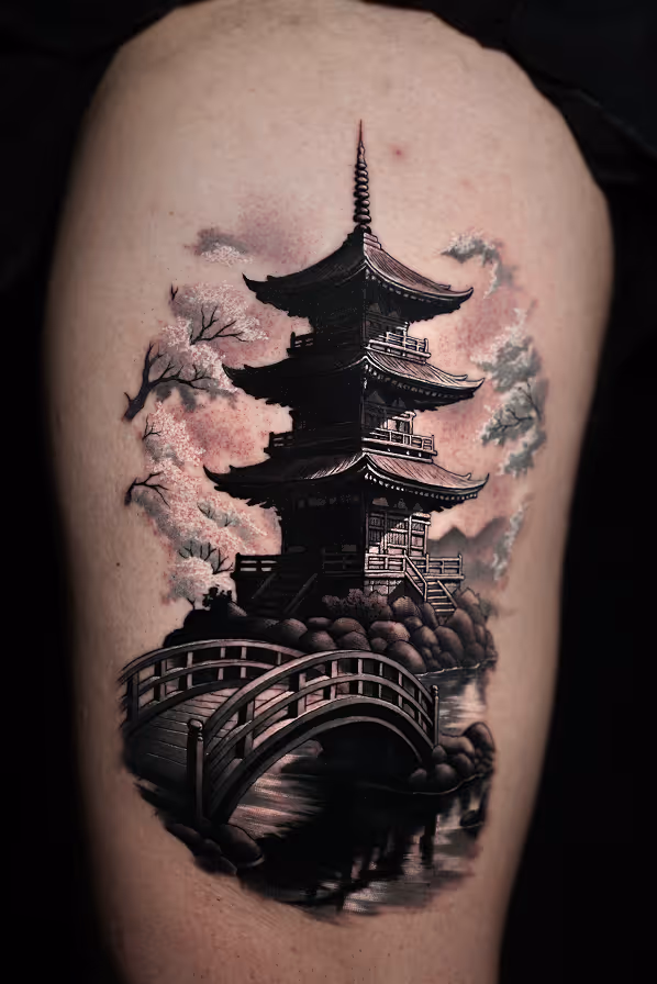 Tattoo of a traditional Japanese pagoda with a curved wooden bridge over water and cherry blossom trees in the background.