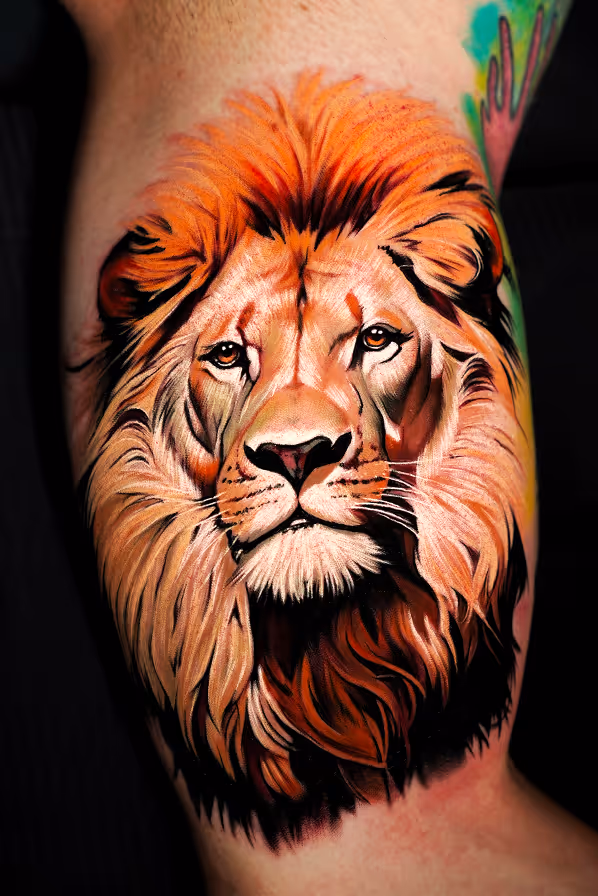 Close-up of a detailed lion face tattoo with orange and black mane on skin.