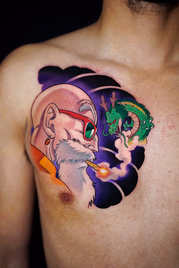 Colorful chest tattoo of Master Roshi wearing red sunglasses, smoking a cigar with smoke forming a green dragon.