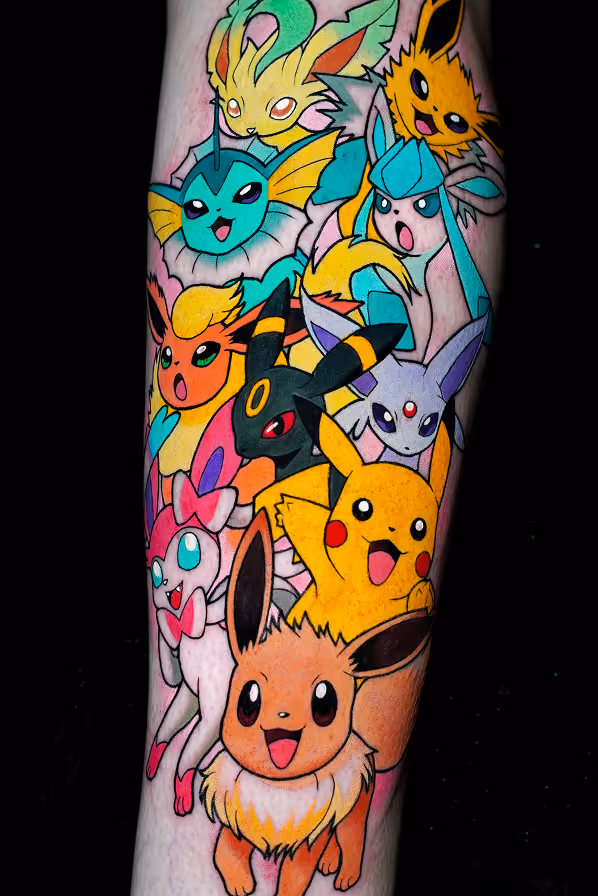 Colorful tattoo of various Pokémon characters including Eevee, Pikachu, Umbreon, Jolteon, Vaporeon, Flareon, Espeon, Sylveon, Leafeon, and Jolteon on a forearm.