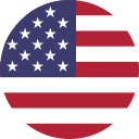 Circular graphic of the United States flag with 50 white stars on a blue field and 13 red and white stripes.