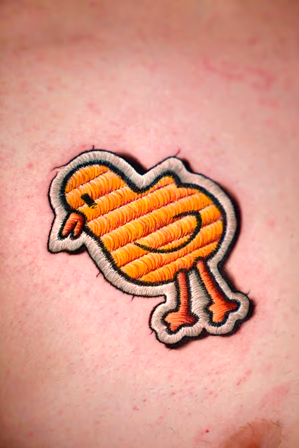 Orange embroidered patch of a chick with black outline on a pink textured background.